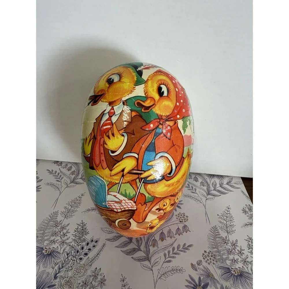VINTAGE PAPER MACHE CARDBOARD EASTER EGG CANDY CONTAINER DUCK FAMILY‎ W GERMANY